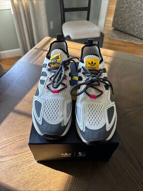 adidas White, Gray, Black & Yellow Athletic Sneakers with Pink Accents